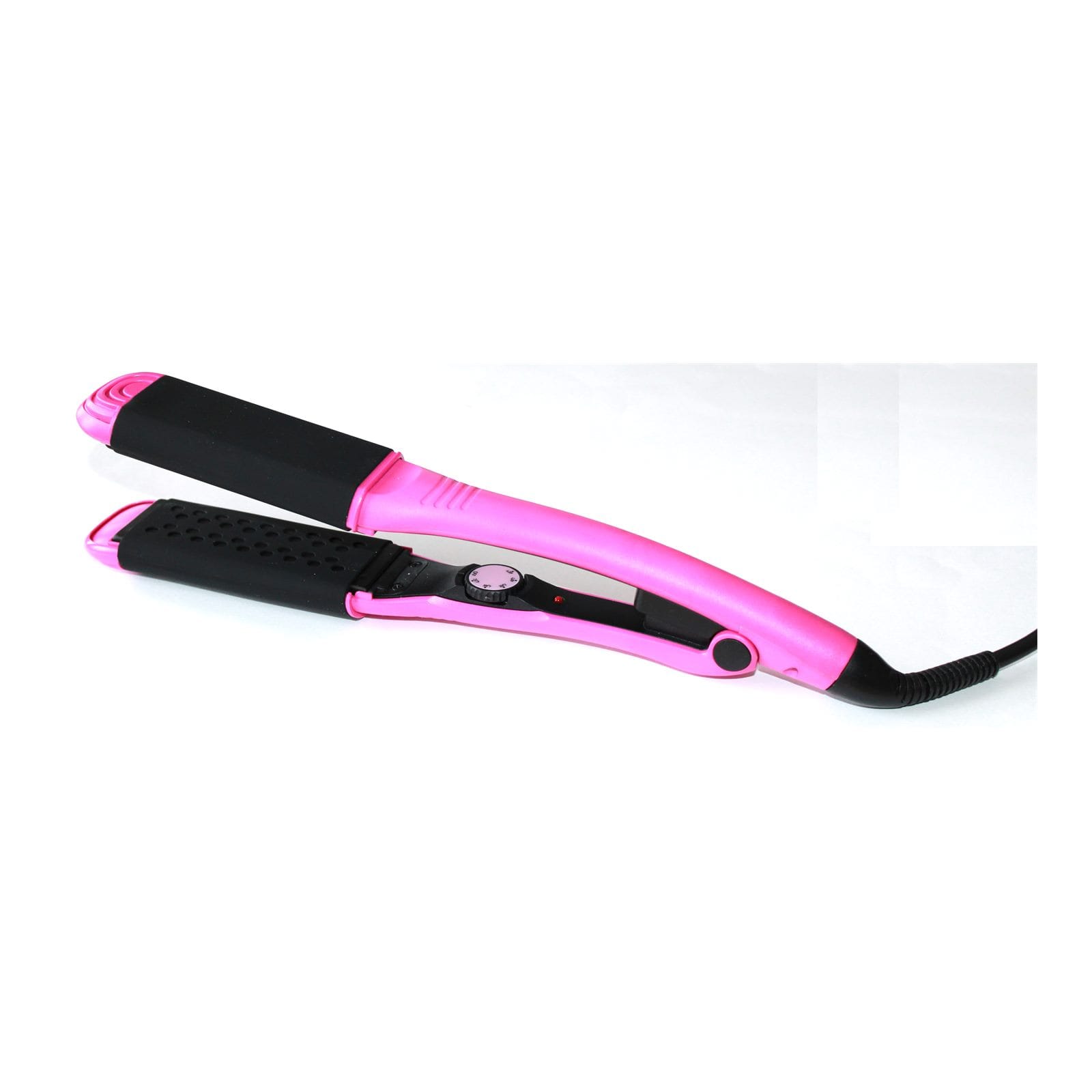 Steam Magic Styling Iron in pink, open, showing the ribbed plates and temperature dial